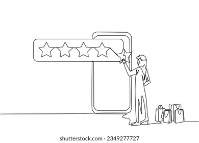 Continuous one line drawing Arabian man standing facing giant smartphone trying to stick one star, that it becomes 5 stars. Reviews given to online stores. Single line draw design vector illustration