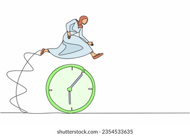 Continuous one line drawing Arabian businesswoman jump over time passing clock. Task planning, work effectiveness. Good time management, scheduling. Single line draw design vector graphic illustration