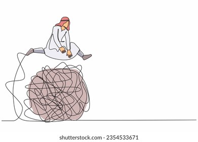 Continuous one line drawing Arabian businessman jumping over tangled scribble. Chaotic of office problem. Solution looking for complicated problem. Single line draw design vector graphic illustration
