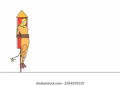 Continuous one line drawing Arabian businesswoman being fired and tied to launching rocket, feeling anxious, scared. Fear of impending disaster. Career failure. Single line design vector illustration
