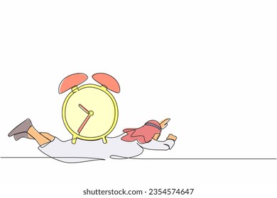 Continuous one line drawing of Arabian businessman under heavy alarm clock burden. Stressed employee with work pressure or business project target. Single line draw design vector graphic illustration