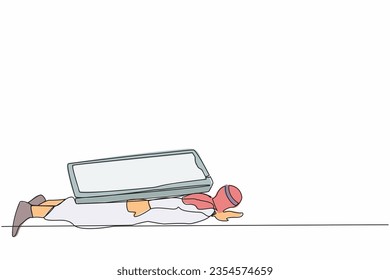 Continuous one line drawing of Arabian businessman under heavy smartphone burden. Depression, fatigue, mental stress, frustration due to overworked. Single line draw design vector graphic illustration