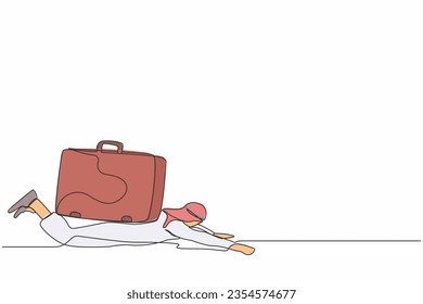 Continuous one line drawing Arabian businessman under heavy briefcase burden. Anxiety from work and overload. Pressure from too much responsibility. Single line draw design vector graphic illustration