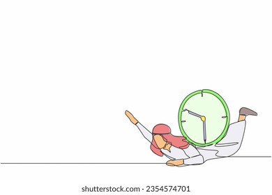 Continuous one line drawing Arabian businessman under heavy wall clock burden. Stressed complete work within deadline and timeline. Work under pressure. Single line design vector graphic illustration