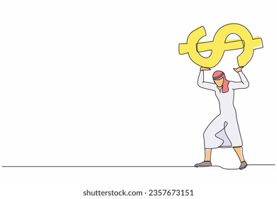 Continuo dibujo de una línea que dibuja a un hombre de negocios árabe con pesados símbolos de dólar en la espalda. Administrador de oficinas sobrecargado de trabajo debido a la crisis económica, presión de la deuda. Ilustración gráfica vectorial de diseño de línea única