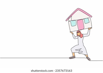 Continuous one line drawing Arabian businessman carrying heavy house on his back. Financial mortgage, need pay taxes expenses. Bank loan. Lease, finance. Single line design vector graphic illustration