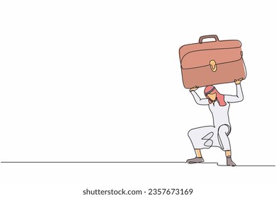 Continuous one line drawing Arabian businessman carrying briefcase on his back. Difficulty business task. Pressure workload. Anxiety from work, overload. Single line graphic design vector illustration