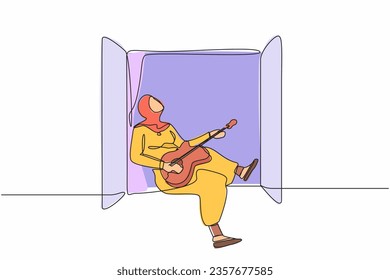 Continuo dibujo de una línea de una mujer árabe sentada en un umbral de ventana y tocando guitarra acústica. Descanse, quédese en casa, melancólico, relajante, cómodo, romántico. Ilustración vectorial de diseño de líneas simples