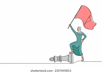 Una línea contínua dibujando a una empresaria árabe ondeando la bandera y superando otra pieza de corporación. Derrotar a la competidora en los negocios como ganadora del ajedrez. Ilustración vectorial de diseño de líneas simples