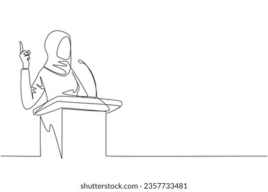 Kontinuierlich eine Zeile, die arabische Geschäftsfrau spricht auf Podium und gibt die Geste, einen Finger hoch zu heben. Inspirationssprache. Konferenz. Vektorgrafik-Design für einzelne Linien