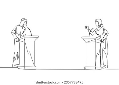 Continuo dibujo de un hombre de negocios y empresaria árabe discutiendo en el podio. Arrojando argumentos unos a otros, sin querer ceder. Siéntete más bien. Ilustración vectorial de tracción de línea única