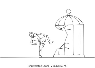 Continuous one line drawing Arabian businessman destroy cage with the kick. Metaphors remove the comfort zone trap. A genius entrepreneur for the company. Single line draw design vector illustration