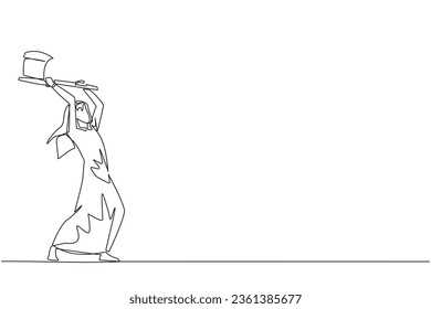 Una línea contínua que dibuja a un hombre de negocios árabe balanceando un hacha. Estilo como un leñador. Fuerte. Muscular. Poderoso. Deportes para la salud física. Conciencia. Ilustración vectorial de diseño de líneas simples