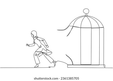 Continuous one line drawing Arabian businesswoman trapped in the cage running through the cage. Metaphor penetrates the maximum limit of self. Desire to succeed. Single line design vector illustration