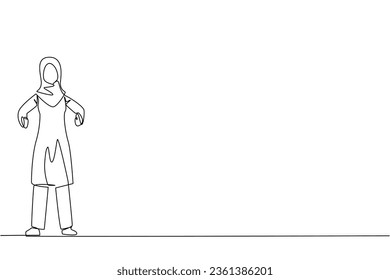 Continuous one line drawing Arabian businesswoman standing straight. Survive inflation and pandemics. Looking to the future of business is full of hopes of success. Single line draw design vector