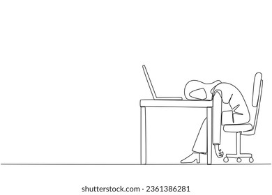 Continuous one line drawing Arabian businesswoman fell asleep in front of a laptop. Fatigue running a business. Mental health problem. Exhausted. Bored. Single line draw design vector illustration