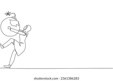 Continuous one line drawing Arabian businesswoman carrying bomb with burning fuse. Concept of keeping danger away from the business environment to survive. Single line draw design vector illustration