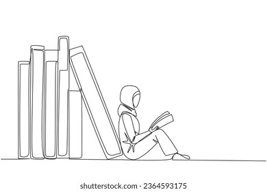 Continuous one line drawing  Arabian woman reading sitting leaning against pile of books. Habit of reading books every day. Library. Book festival concept. Single line draw design vector illustration