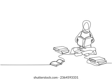 Continuous one line drawing Arabian woman really likes reading. Everyday one book is read. Good habit. There is no day without reading book. Book festival concept. Single line draw vector illustration