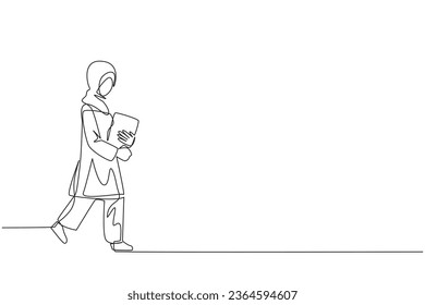 Continuous one line drawing Arabian woman walking carrying a book. Walking back home after visiting the book festival. Hobby reading. Very good habit. Single line draw design vector illustration
