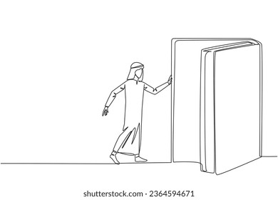 Continuo dibujo de una línea de un hombre árabe abre la puerta en forma de libro. El libro puede abrir la mente y ver por todas partes. Aumentar el conocimiento sobre el mundo en general. Festival del libro. Ilustración vectorial de diseño de una sola línea