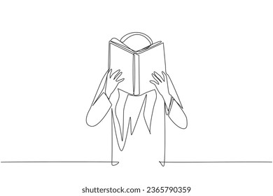 Continuous one line drawing Arabian man seriously reading book until cover the face. Nervous when facing the final exams. Try to focus. Reading increase insight. Single line design vector illustration