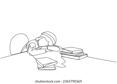 Continuous one line drawing Arabian man asleep at the table where there were piles of books. Tired after successfully finish favorite reading book. Reading. Single line draw design vector illustration