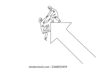 Una línea contínua dibujando a una mujer de negocios árabe ayuda a sus colegas a subir el símbolo de flecha. Trabajo en equipo compacto. Efecto positivo en la empresa. Completa el trabajo correctamente. Ilustración vectorial de tracción de línea única