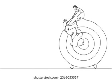 Continuous one line drawing Arabian businessman helps colleague climb arrow board target. Metaphors help focus on completing tasks one at time. Together. Single line draw design vector illustration