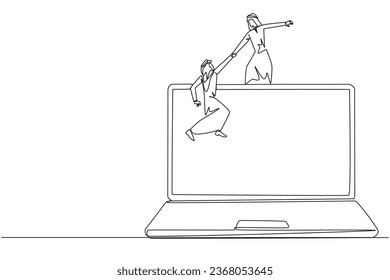 Continuous one line drawing Arabian businessman helps colleague to climb a big laptop. Help create applications to develop business online. Great teamwork. Single line draw design vector illustration