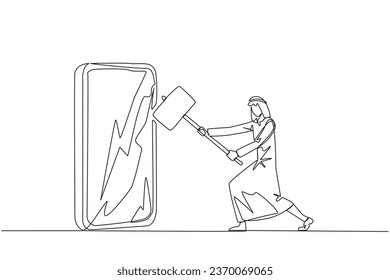 Continuous one line drawing Arabian businessman preparing to hit big smartphone. Technology can destructive if not use properly. Intelligence is required. Single line draw design vector illustration