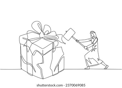 Continuous one line drawing Arabian businessman preparing to hit big gift box. Businessman expresses disappointment. Destroying everything in sight. Angry. Single line draw design vector illustration