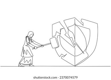 Una línea contínua dibujando a una empresaria árabe preparándose para golpear el escudo. El sistema se ve socavado por los competidores empresariales. Competencia desleal. Ataque de virus. Ilustración vectorial de diseño de líneas simples