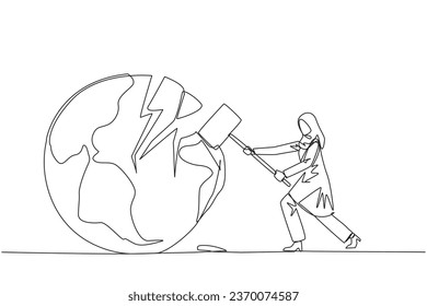 Continuous one line drawing Arabian businesswoman preparing to hit the globe. Disappointed with world. Businesses fall apart before it grow. Deepest anger. Single line draw design vector illustration