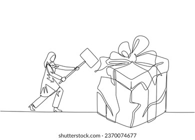 Continuous one line drawing Arabian businesswoman preparing to hit big gift box. Businessman express disappointment. Destroying everything in sight. Angry. Single line draw design vector illustration