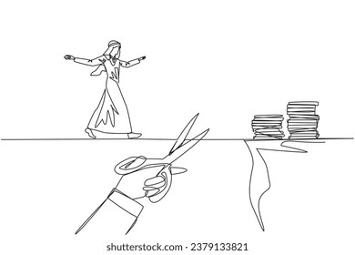 Continuous one line drawing Arabian businessman walking on tightrope from one cliff to another. Failed to move to much better place. Cheated by colleague. Single line draw design vector illustration
