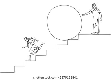 Una línea contínua dibujando al empresario árabe corriendo escaleras abajo evitando una gran pelota. Atacado por un amigo de negocios. Traidor en los negocios. Hacer trampa. Traición. Ilustración vectorial de diseño de líneas simples