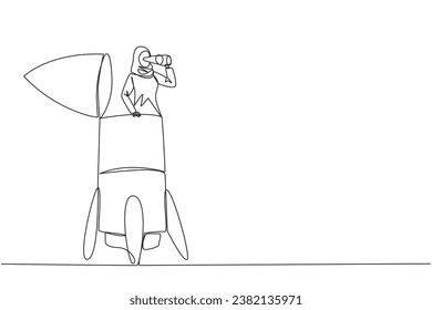 Continuous one line drawing Arabian businesswoman emerges from the tip of rocket looking for something with binoculars. Work smart for high company profit. Single line draw design vector illustration