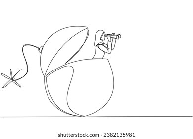 Continuous one line drawing Arabian businesswoman emerges from a bomb with burning fuse looking for something with binoculars. Receive danger signal. Avoid. Single line draw design vector illustration