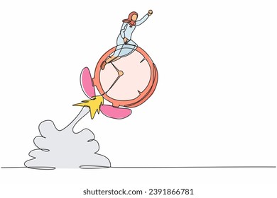 Continuous one line drawing Arabian businesswoman riding alarm clock rocket flying in the sky. Productivity or efficiency to finish work, speed and urgency. Single line draw design vector illustration