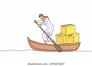 Continuous one line drawing Arabian businessman sailing away on boat with pile of cardboard. Ocean transportation. Shipping items delivered via sailboat. Single line design vector graphic illustration