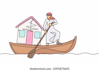 Continuo dibujo de una línea de un hombre de negocios árabe navegando en bote con casa. El problema de las hipotecas en crisis económica. Desastre de préstamos para vivienda. ilustración vectorial de diseño de línea única