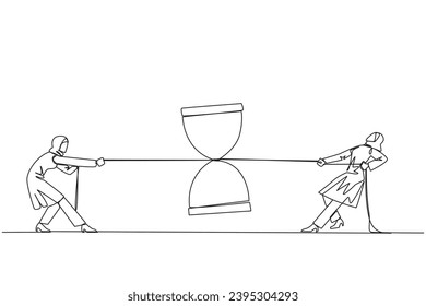 Continuous one line drawing Arabian businesswomen fighting over  hourglass. Fierce competition to get additional time for business expansion opportunities. Single line draw design vector illustration