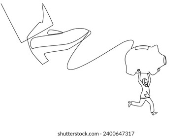 Continuous one line drawing Arabian businesswoman carrying piggy bank run away from giant foot. Avoids much more serious problems. Saving assets. Struggle. Single line draw design vector illustration