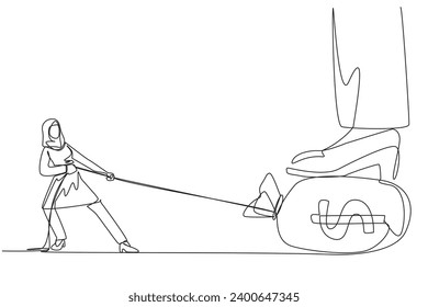 Continuous one line drawing Arabian businesswoman tries to take money bag stepped on by giant foot. Try hard to pull using the rope. Get the most profit. Single line draw design vector illustration