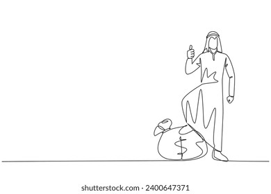 Continuous one line drawing Arabian businessman stands with thumbs up pose and steps on money bag with one of his foot. Shows the great success achieved. Single line draw design vector illustration