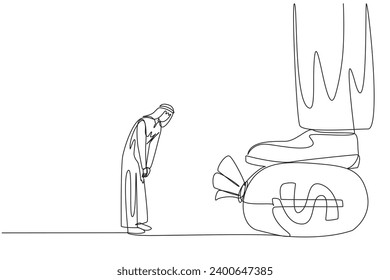 Continuous one line drawing Arabian businessman nodded in front of the giant foot stepping on the money bag. Give orders to make large profits. Obedient. Single line draw design vector illustration