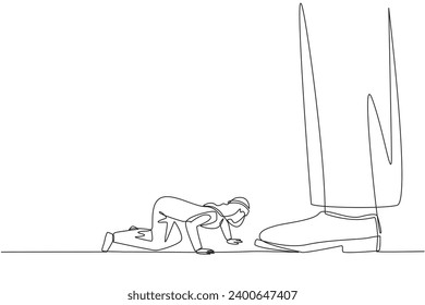 Continuous one line drawing Arabian businessman kneels and licks giant foot. Begging to the investors to disburse reserve funds. Avoid bankruptcy. Struggle. Single line draw design vector illustration