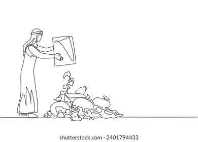 Continuous one line drawing Arabian man throws rubbish into rubbish pile. Environmental care. It is best to dispose of waste at the final disposal site. Single line draw design vector illustration