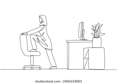 Continuous one line drawing Arabian woman stands while lifting one of her legs onto a chair. Stretching. Avoid leg cramps. Exercise at the office. Overtime. Single line draw design vector illustration